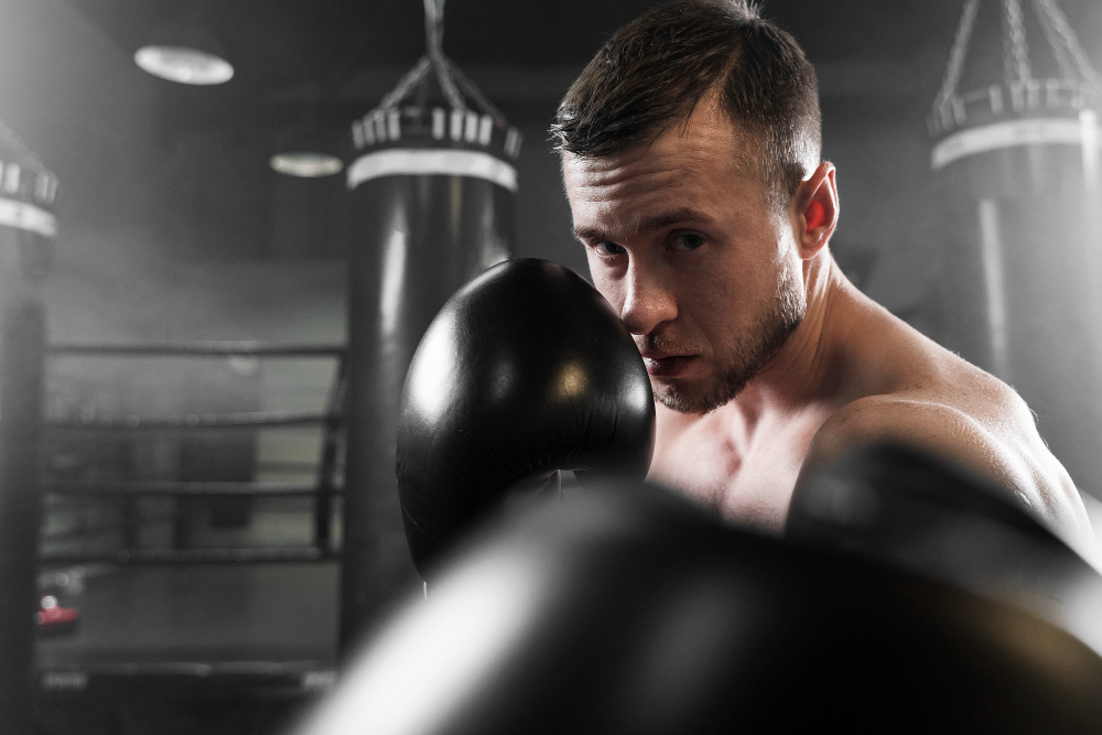 hombre entrenando boxeo para mejorar su condición física con un cuerpo de hierro