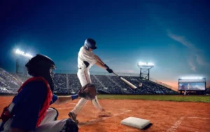 un bateador en un estadio de béisbol pegándole a la pelota