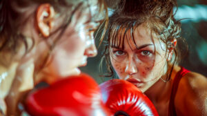 imagen hecha con inteligencia artificial de dos mujeres blancas de ojos azules enfrentándose en un duelo de artes marciales mixtas