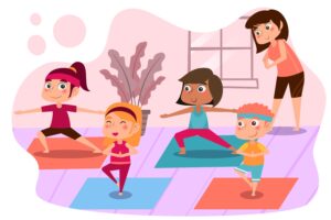 ilustración de niños haciendo ejercicio en su clase de educación física donde mejoran sus reflejos