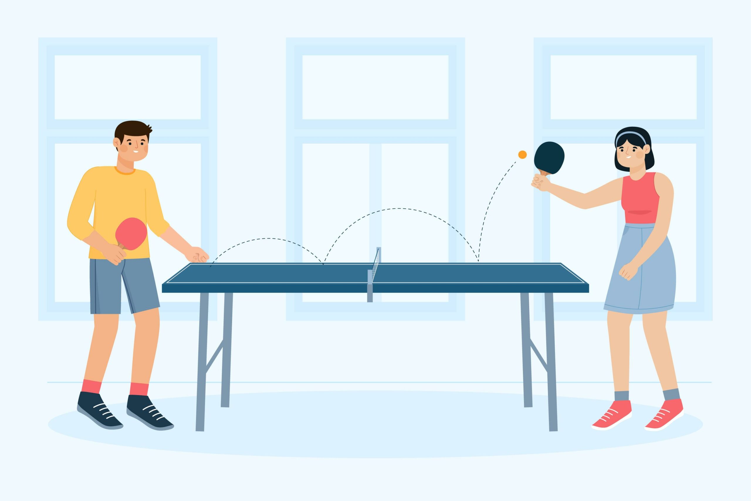 Ilustración conceptualizando dos jugadores practicando el rebote del ping pong